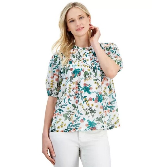 Nautica Jeans Women’s Floral-Print Pintuck Blouse, Multi, L - Picture 1 of 3